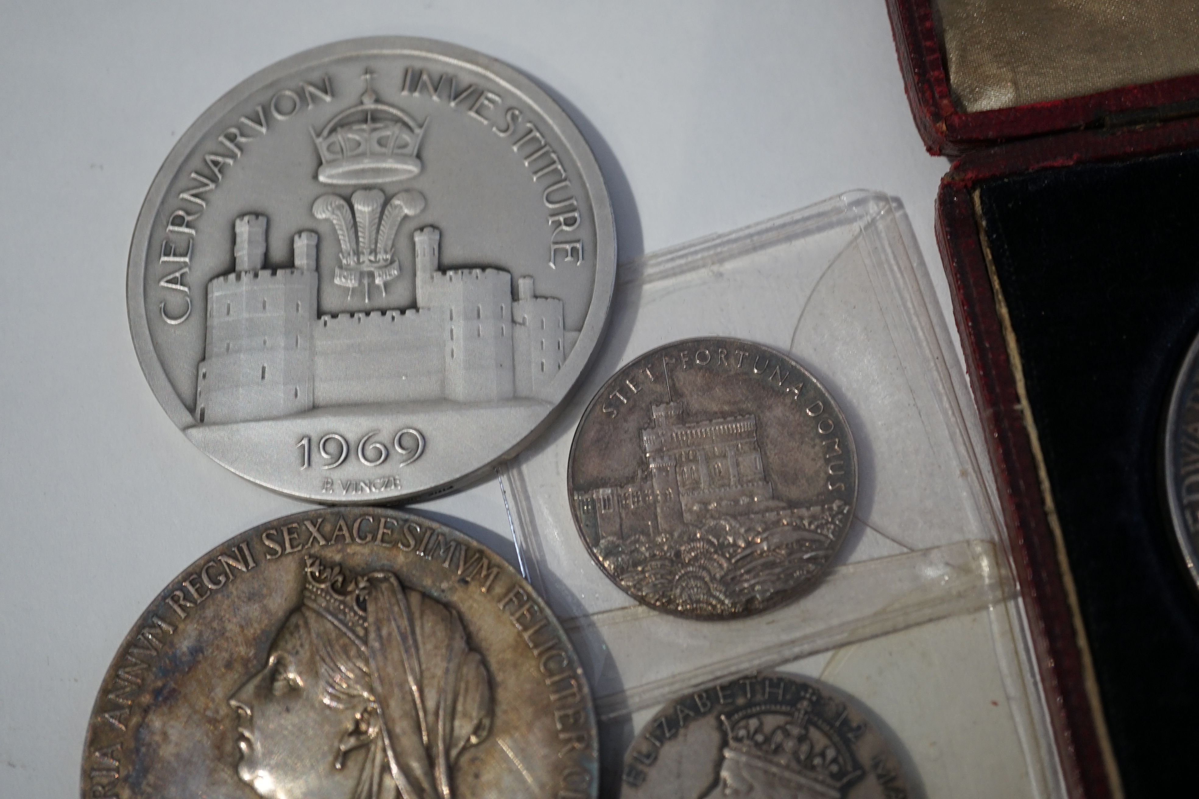 British Royal commemorative silver medals, comprising Victoria Diamond Jubilee, 1897, Edward VII Coronation 1902, cased, George V and Mary Silver Jubilee, 1935, George VI coronation 1937, Prince of Wales investiture 1969
